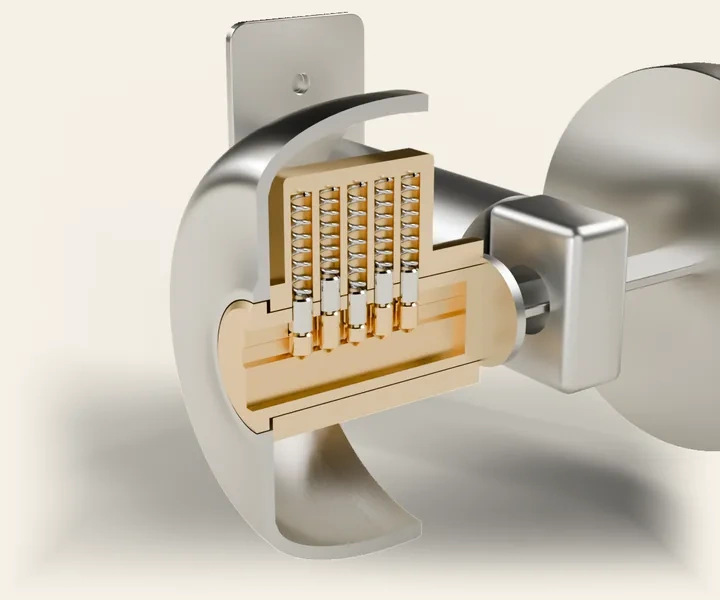 The same deadbolt with the housing cut away to show the cylinder and its plug