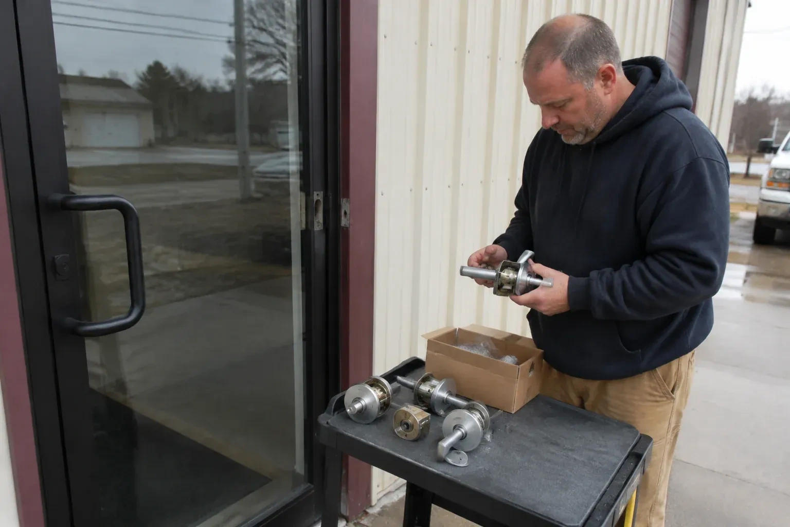 Person holding a door-handle assembly beside a glazed entrance, with more handle and lock components on a cart. — Commercial-Grade Lock Replacement, Richmond Hill