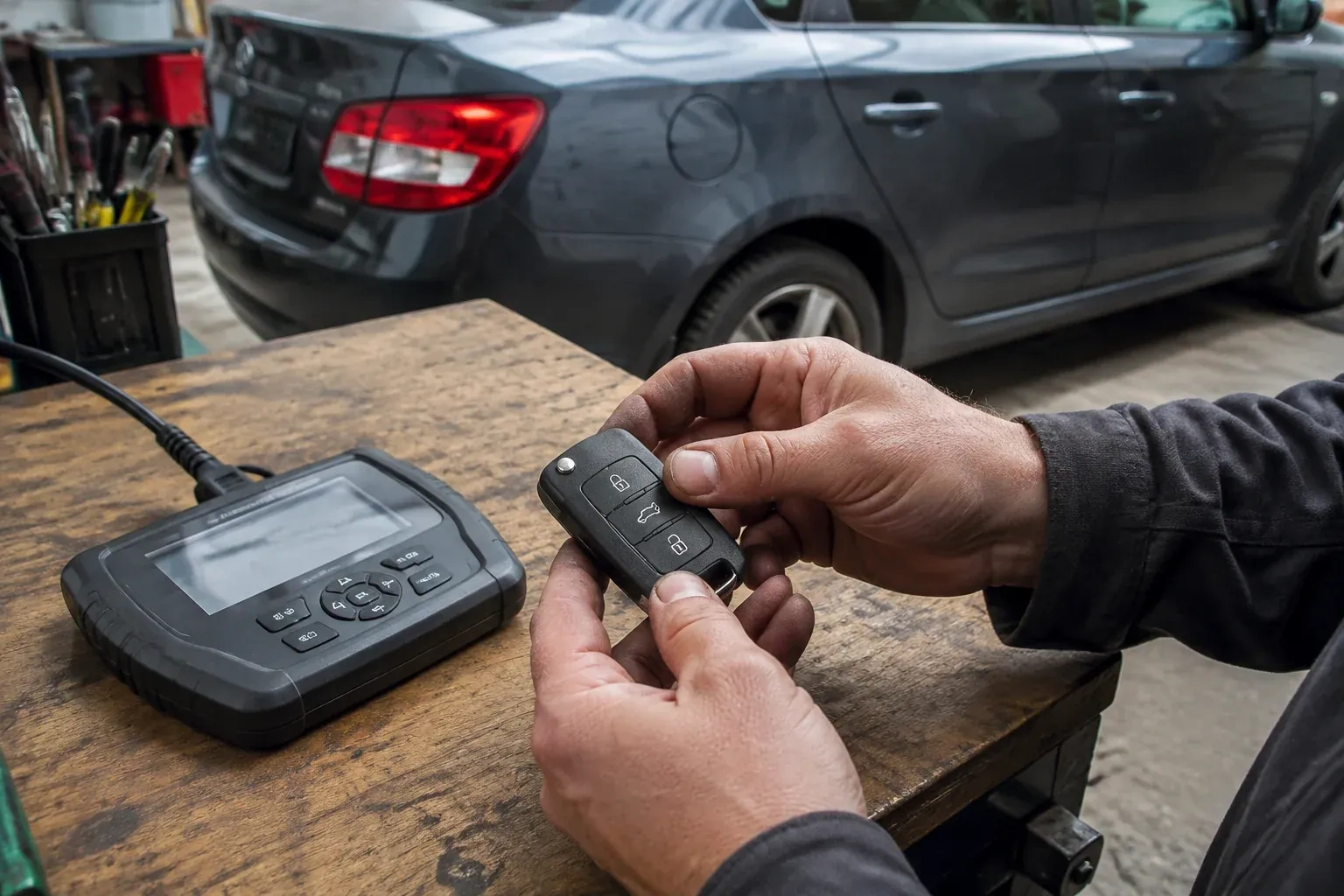 Hands holding a black car key fob above a workbench, beside a wired handheld device with a screen. — Car Key Replacement, Richmond Hill
