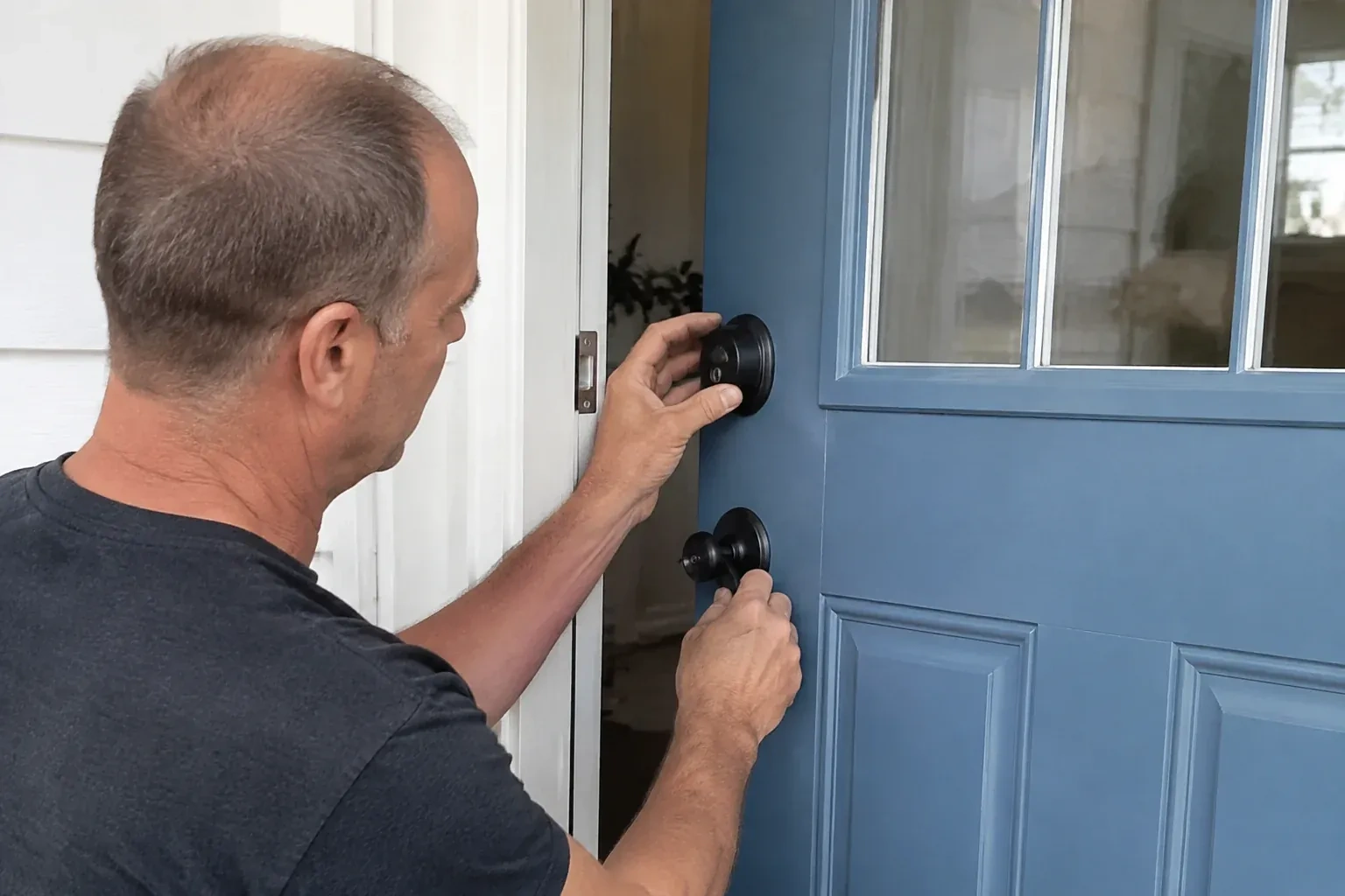 Person holding the black deadbolt and doorknob of a partly open blue front door. — Deadbolt Installation, Richmond Hill