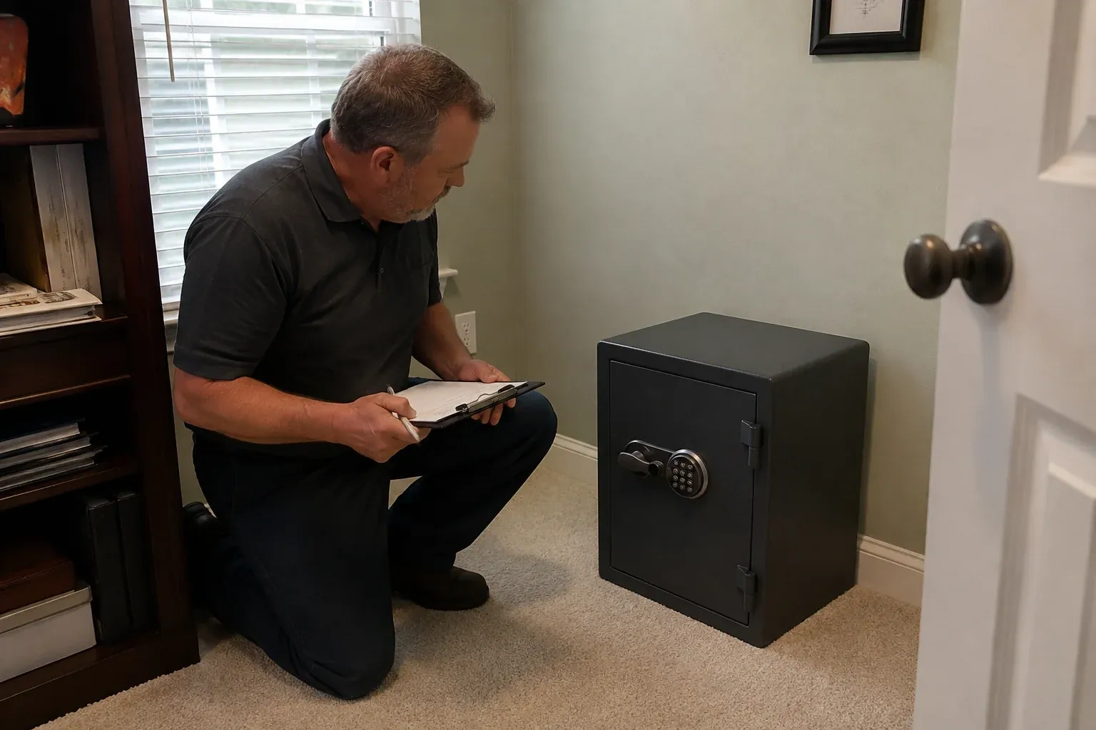 Person holding a clipboard beside a closed black safe with a circular keypad in a carpeted room. — Safe Installation & Servicing, Richmond Hill
