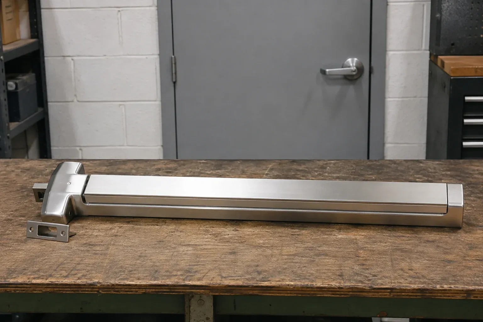 Detached horizontal exit device and separate strike component on a workshop bench. — Panic & Exit Hardware, Richmond Hill