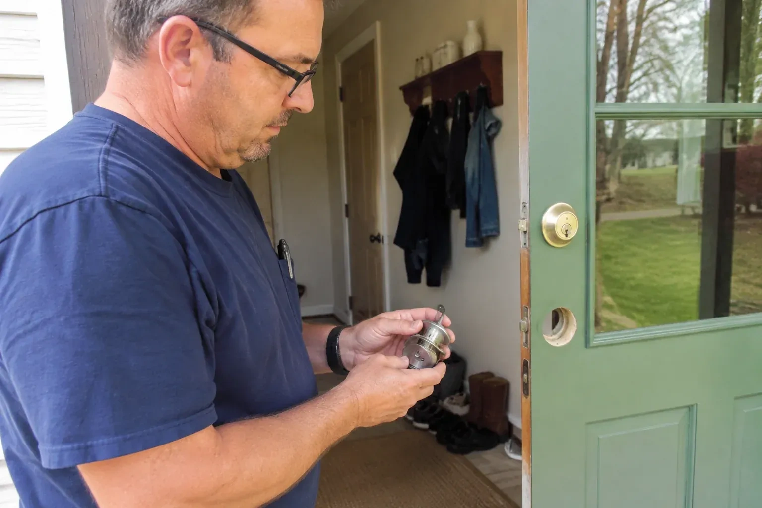 Person holding a cylindrical door-lock assembly beside an open green glazed door with its lower lock opening exposed. — Seized & Jammed Lock Opening, Richmond Hill