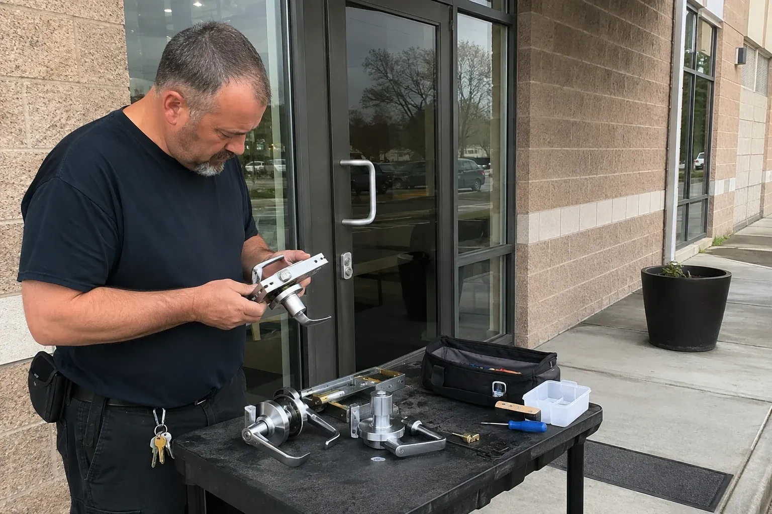 Person holding a door-handle and latch assembly at a worktable outside a glass entrance, with additional handles and tools laid out. — Commercial Rekeying, Richmond Hill