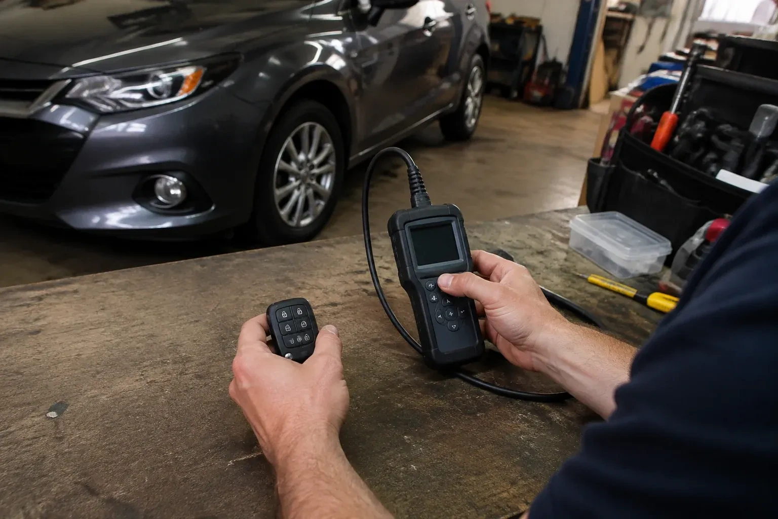 Hands holding a car-key fob and a small wired electronic device above a workbench in a garage with a parked car. — Key Fob Programming, Richmond Hill