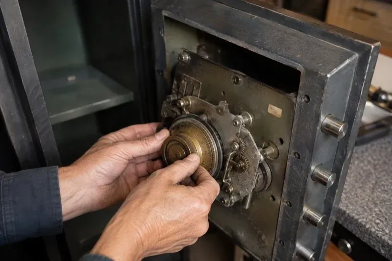 Hands holding a round metal component against the exposed mechanism inside an open safe door. — Safe Opening & Combination Change, Richmond Hill