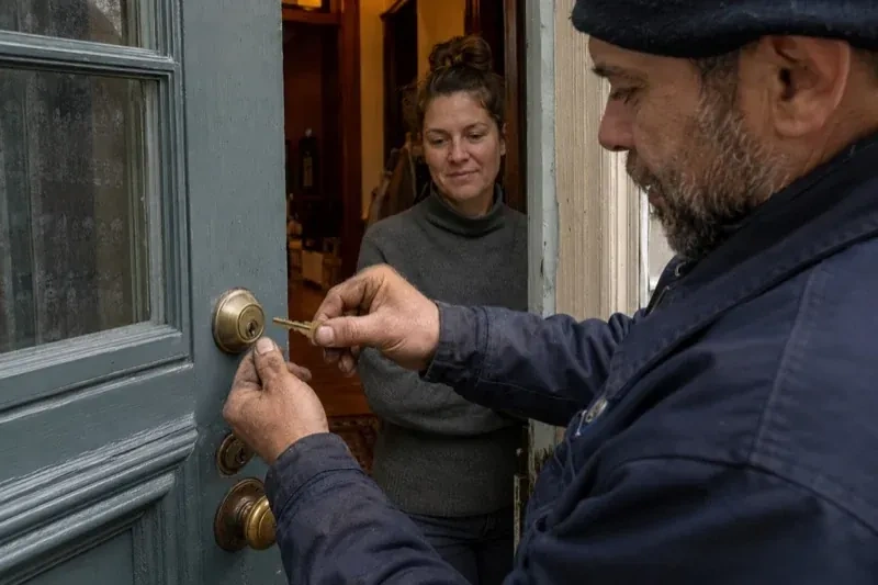 Person holding a key beside a brass-colored deadbolt on an open painted door while another person watches from inside. — Home Lockout Service, Richmond Hill