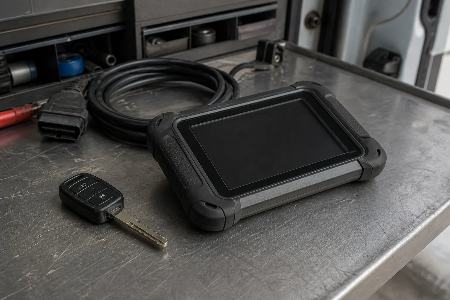 Vehicle key beside a dark diagnostic tablet and coiled connector cable on a workbench. — Transponder Key Programming, Richmond Hill