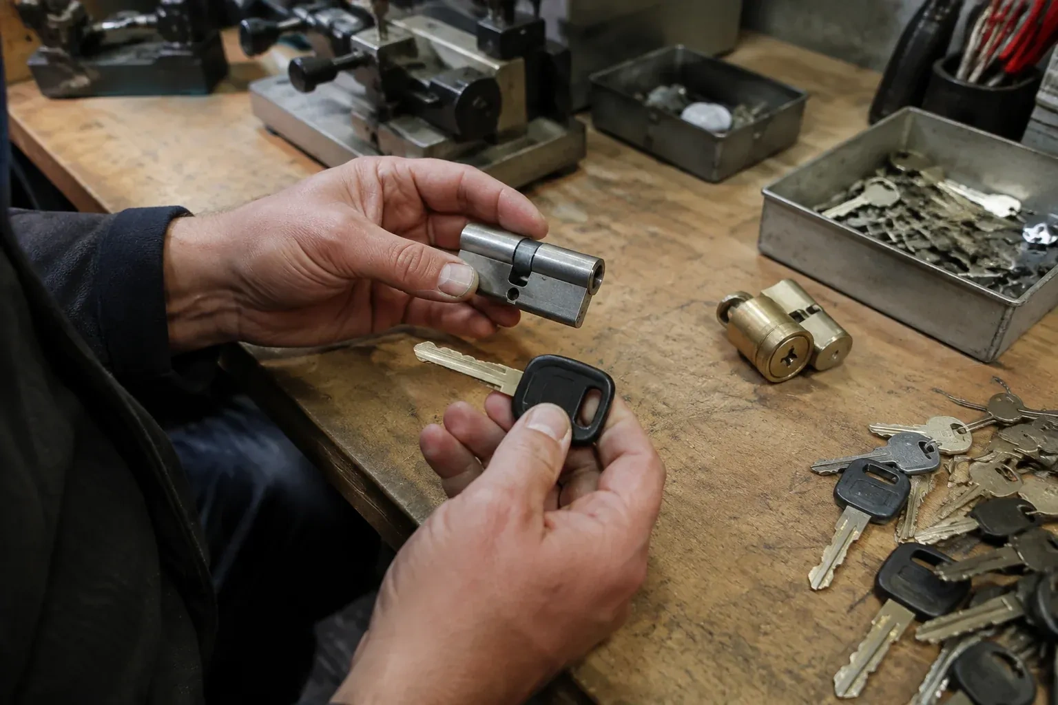 Hands holding a silver-colored lock cylinder and a black-headed key above a workbench with loose keys and another cylinder. — Spare Car Key Duplication, Richmond Hill