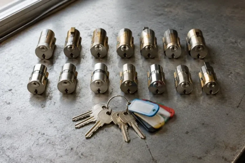 Two rows of lock cylinders on a metal surface with keys and colored key tags in front. — Master Key System Design, Richmond Hill