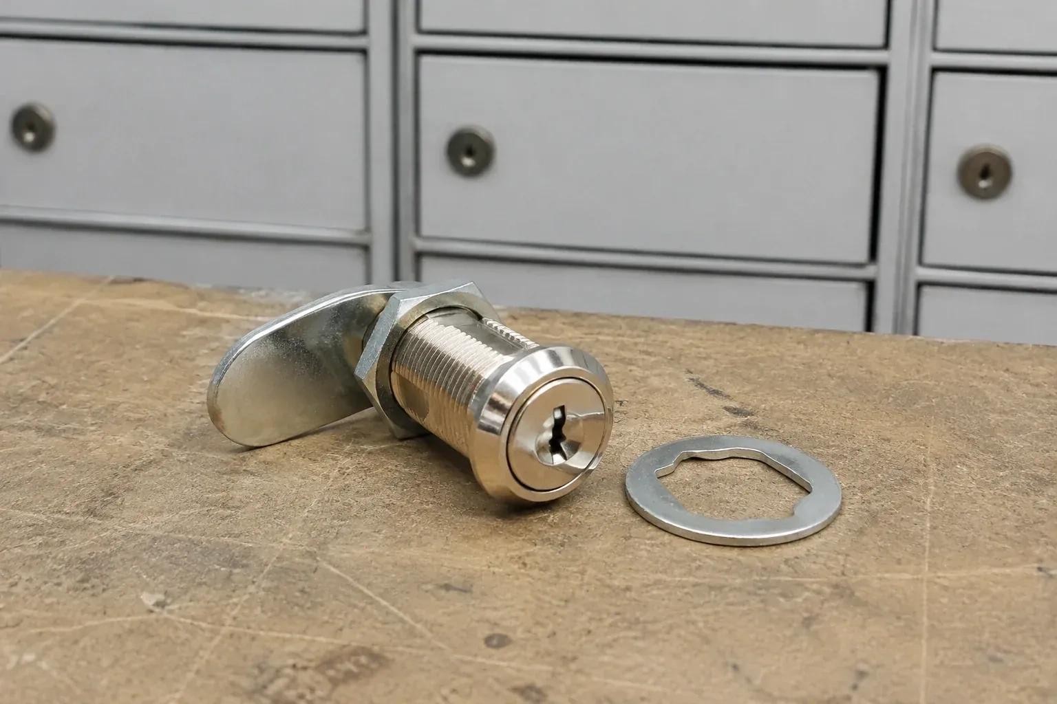 Detached threaded cam lock and mounting washer on a workbench in front of closed mail compartments. — Mailbox Lock Replacement, Richmond Hill