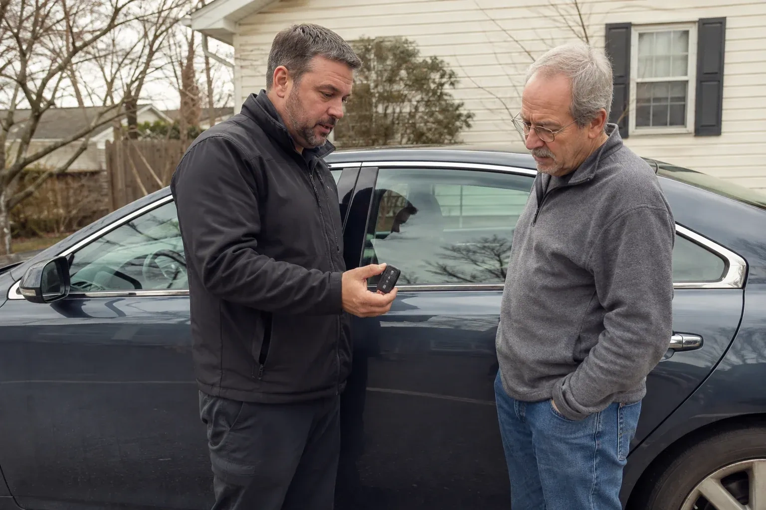 Two people beside a dark sedan, one holding up a black key fob. — Car Lockout Service, Richmond Hill