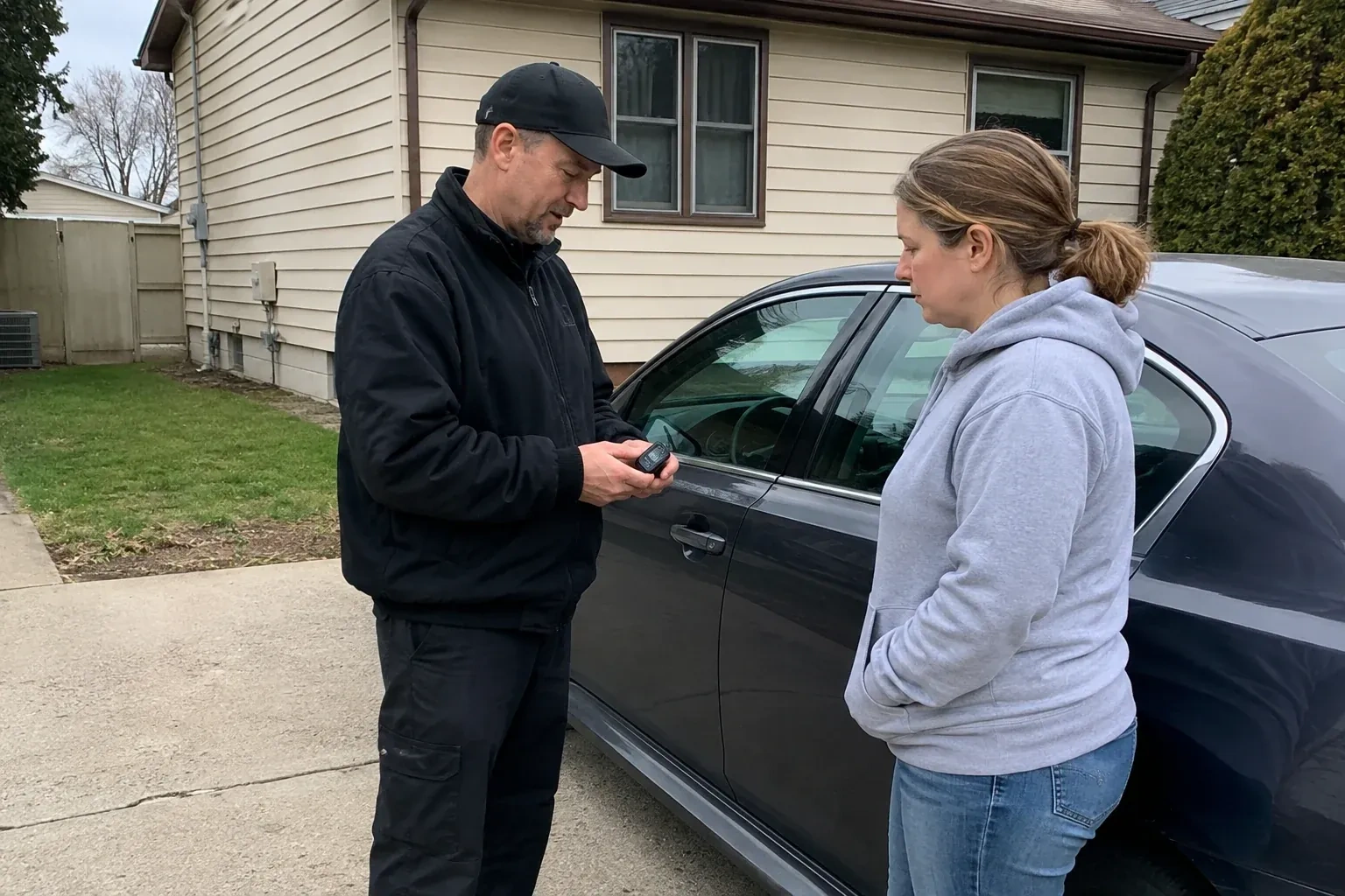 Two people standing beside a parked sedan, one wearing a cap and holding a small black device. — Vehicle Lock Repair, Richmond Hill